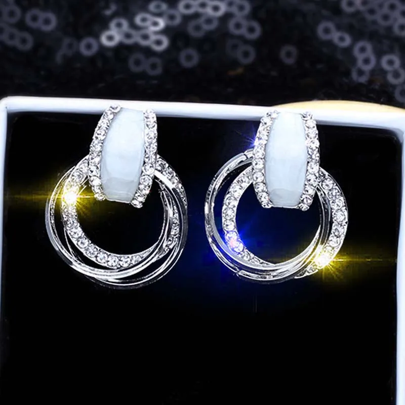Silver Needle Stud Earrings for Women Jewelry Round Hoop Rhinestone Rose Gold Female Elegant Party Earrings