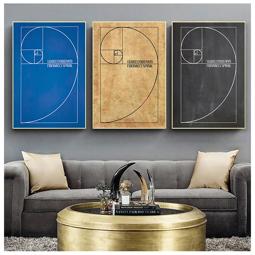 Fibonacci Spiral Patent Wall Art Canvas Painting Golden Ratio Posters and Prints Vintage Blueprint Gift idea Science Decoration