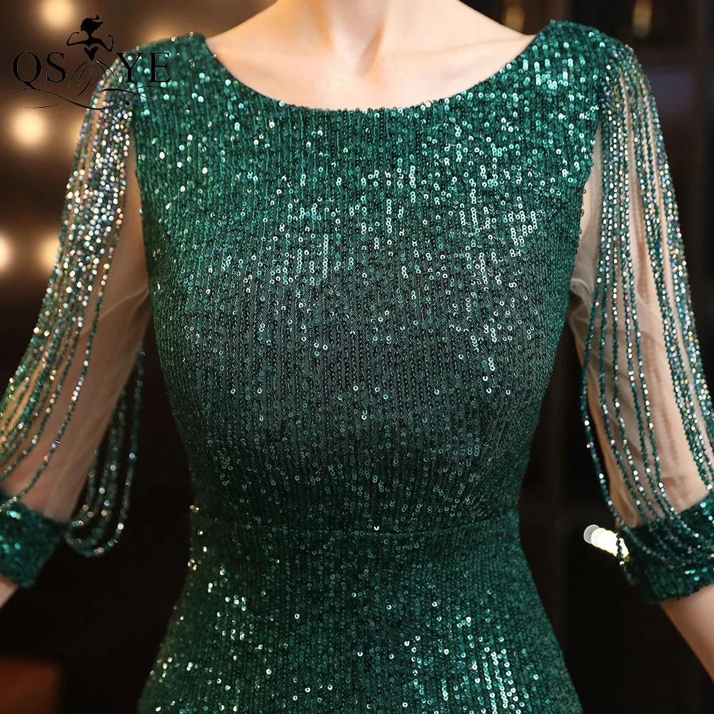 Vestido de noche verde de manga larga con cuentas, sirena, Esmeralda, cuello alto, lentejuelas brillantes, elegante, Formal, para fiesta