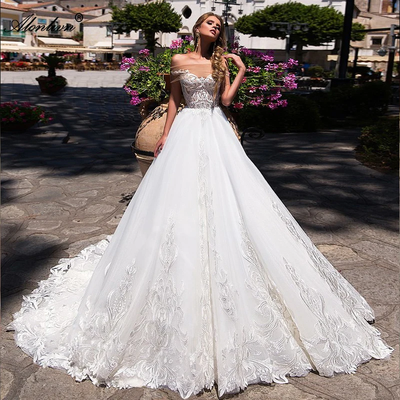 

Alonlivn Lustrous Embroidery Boat Neck A-Line Wedding Dresses Off The Shoulder Lace Up Floor-Length Bridal Skirts