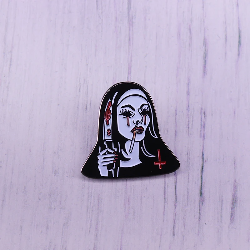 Nun Dress Killer Enamel Pin Girl Holding Knife With Blood Tears Brooch Cigarette In Her Mouth Horror Badge