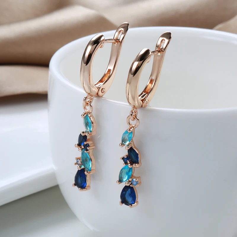 Kinel New Blue Water Drop Long Earrings 585 Rose Gold Romantic Wedding Women Fashion Jewelry Horse Eye Natural Zircon Earrings