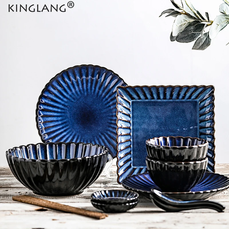 

KINGLANG 2/4/6 Person Dinner Set Ceramic Klin Glaze Flower Shape Rice Bowl Eating Plate Set Tableware