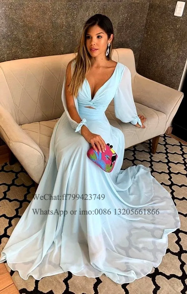 Eleganti abiti da damigella d'onore lunghi in Chiffon a-line abito da festa di nozze con scollo a v blu cielo a maniche lunghe per le donne abito da ballo su misura