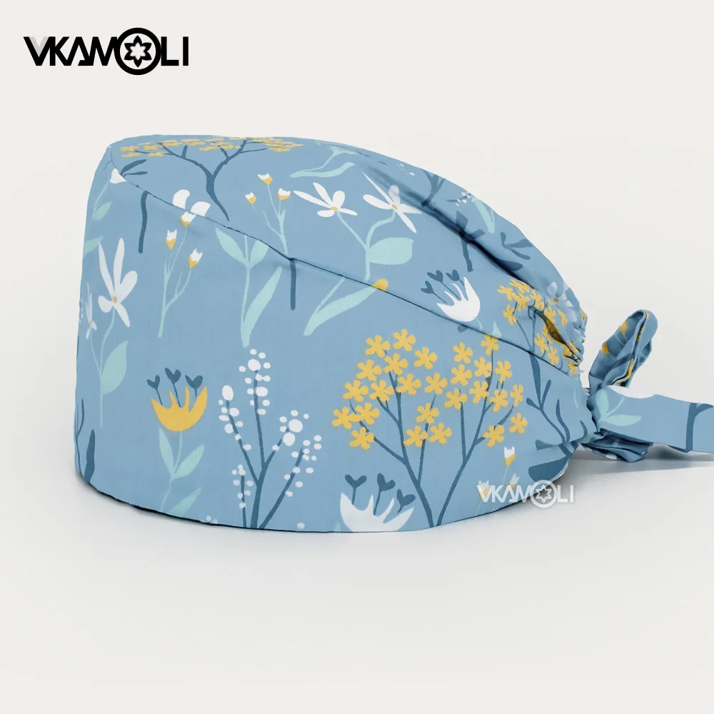 wholesale Flowers printing scrubs cap Tooth Beauty studio work hat with Sweat towel Health check women and men scrub hat