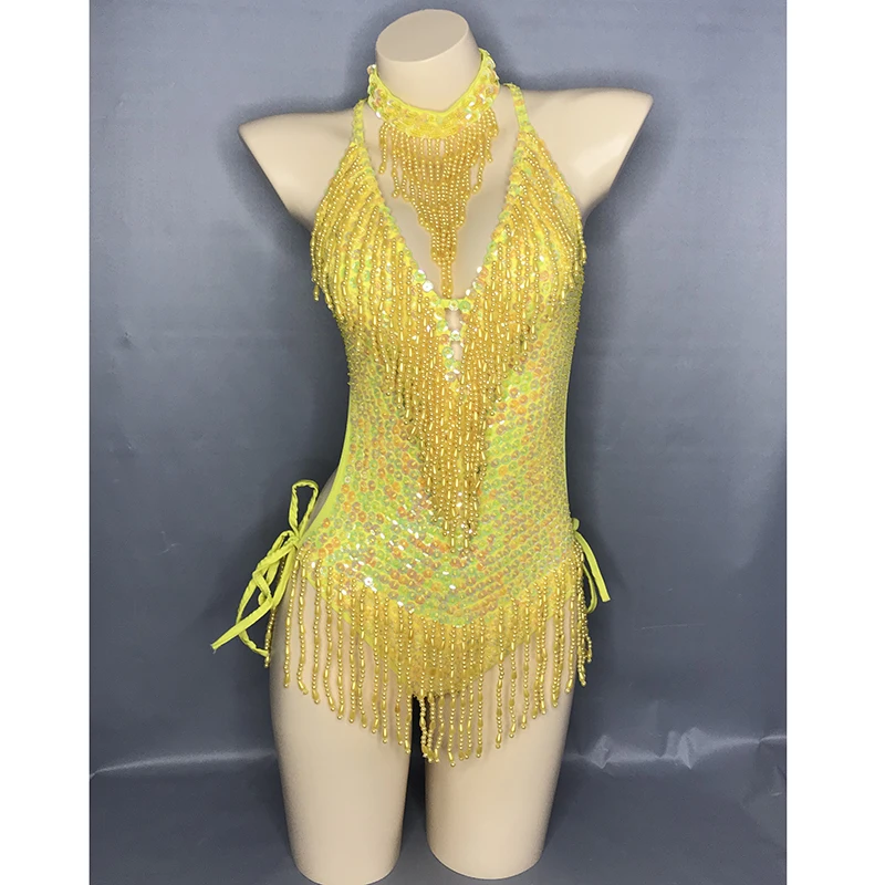 Flashing Yellow Sequins One-Piece Bodysuit Women\'s Singer Dance Sexy Evening Carnival Costumes Stage Dance Wear Nightclub Outfit