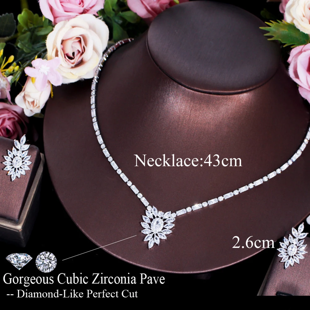 BeaQueen Sparkling White Cubic Zirconia Flower Earrings Necklace Set for Women Dinner Wedding Evening Party Jewelry Gifts JS294