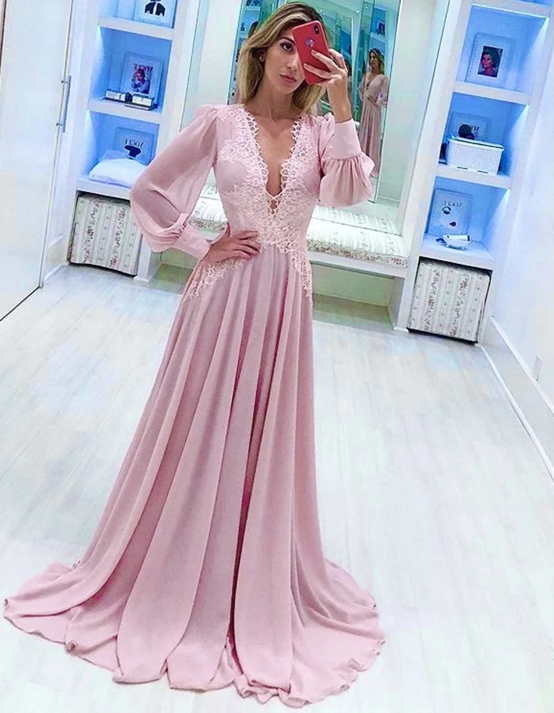 2021 eleganti abiti da sera arabi musulmani blu scollo a v profondo pizzo Chiffon Plus Size abiti da ballo lunghi da ballo abiti da Noiva