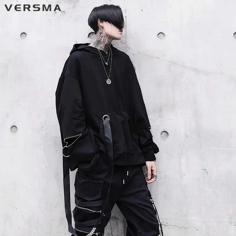 VERSMA Japanese Harajuku Ribbon Zipper Patchwork Hoodies Sweatshirts Men Hip Hop Punk Oversized Gothic Pullover Men Dropshipping