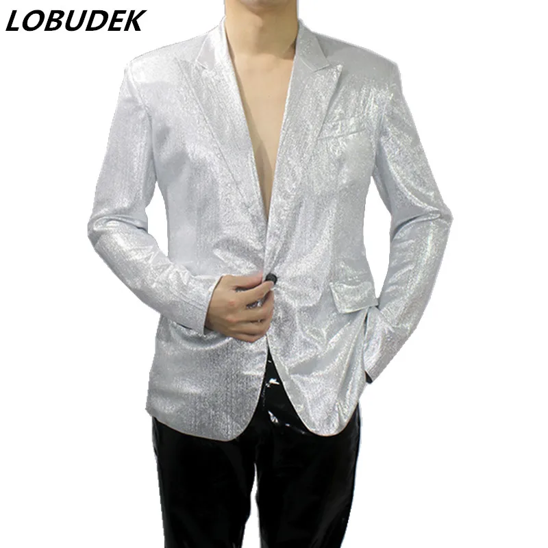 Bar Nightclub Shinny Silver Blue Green Blazer For Male Singer Host Stage Performance Costume Thin Style Slim One Button Coat