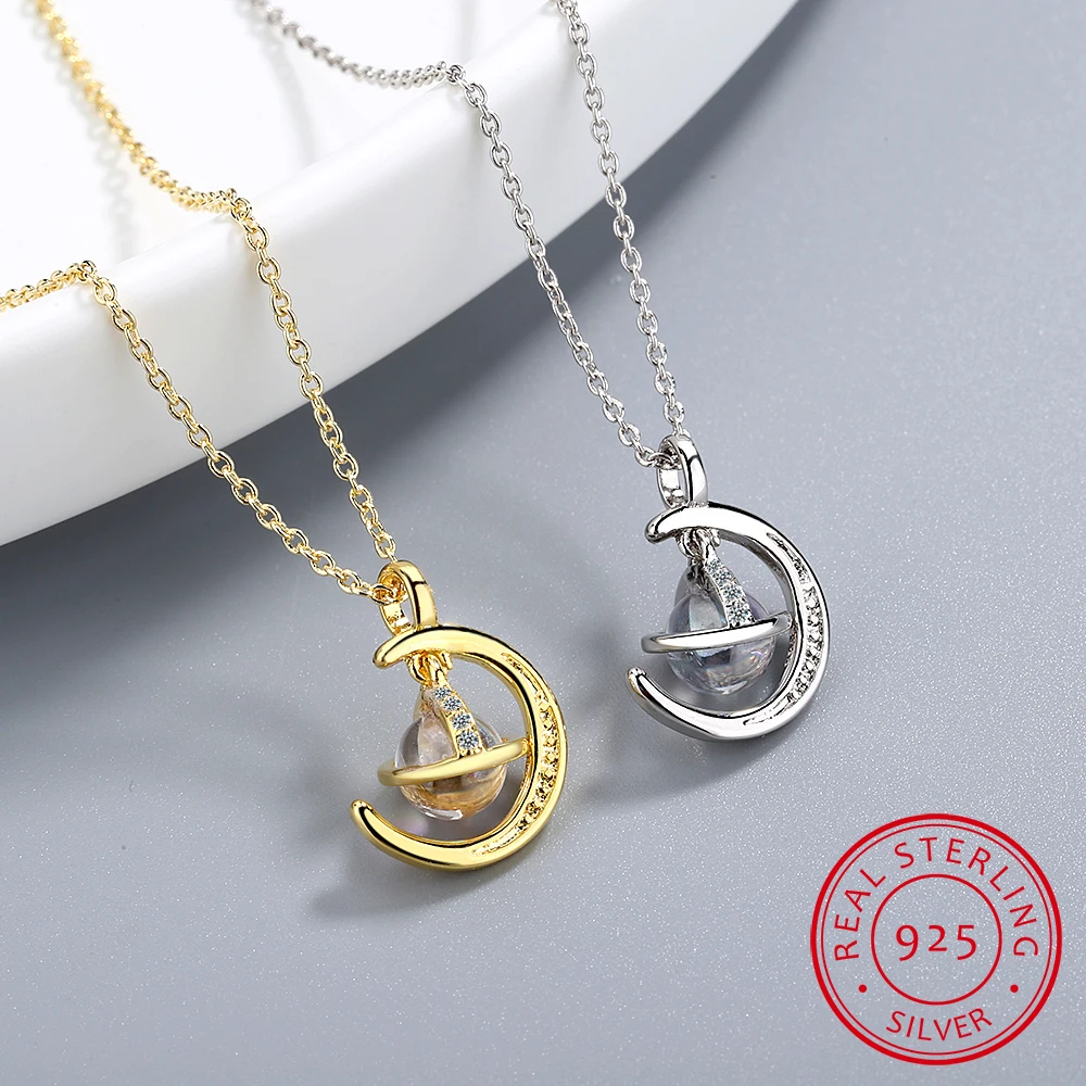 Fantastic Round Universe Planet Pendant Necklace 925 Sterling Silver Gold Moon Necklace Fine Jewelry For Women Gifts S-N504