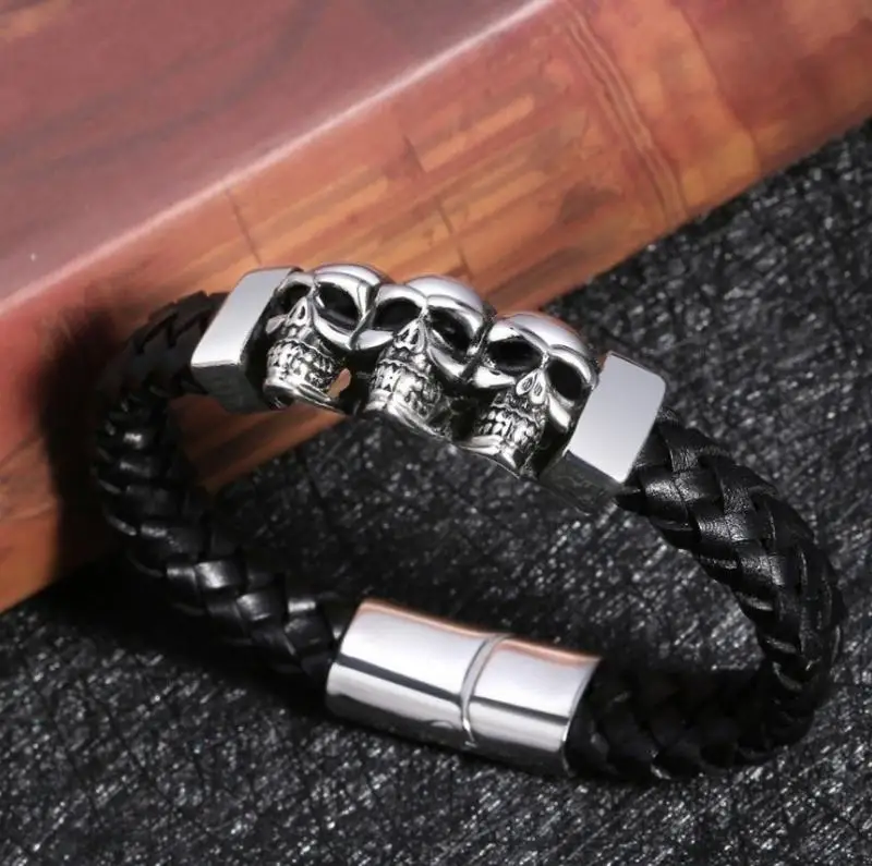 Trend Domineering Gothic Leather Woven Skull Bracelet Men Hip Hop Bracelet Fashion Rock Party Jewelry Gift