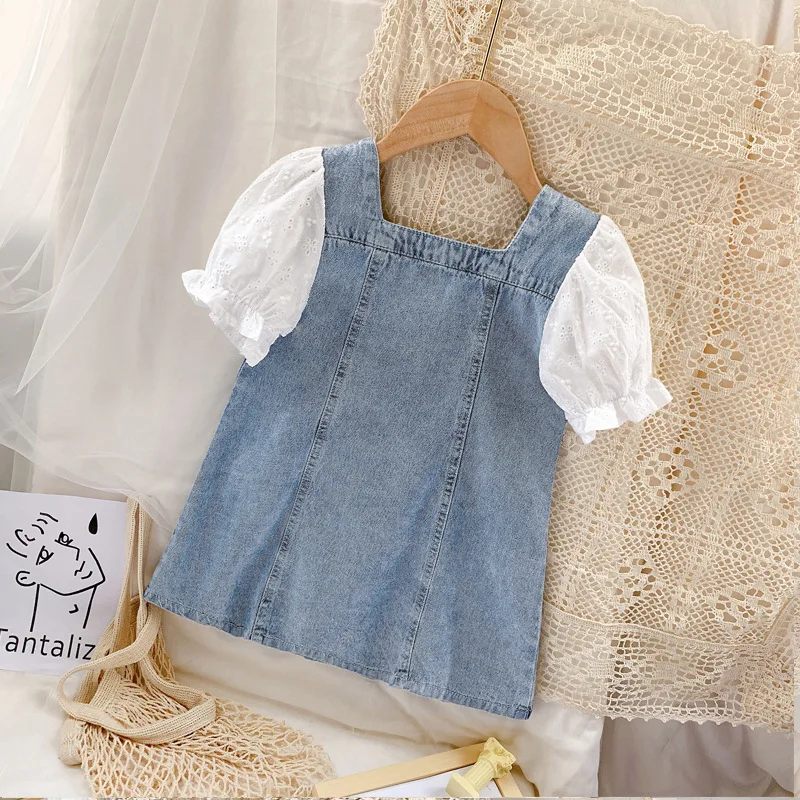 2-9Y Summer Kids Girls Dress 2025 New Solid Color Lace PuffSleeve Princess Dress Denim Children Dresses For Kids