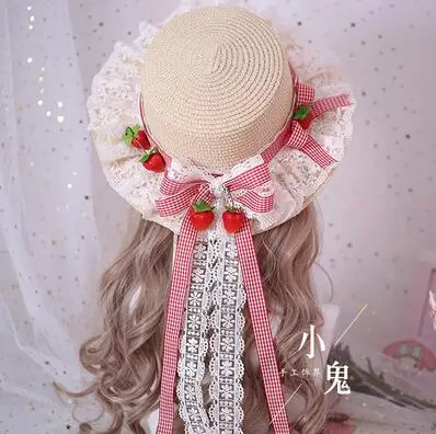 Lolita Hat Straw Cap Lace Girls Lovely Summer Strawberry Bow Cut Young Vintage