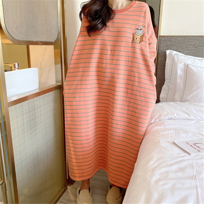 

Cotton Striped Nightdress Women's Autumn Winter Thickened Robe Loose High Quality Pregnant Women's Home Service Net Red Dress