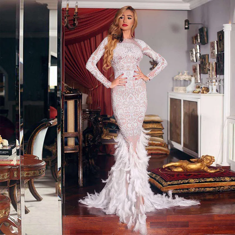Dropshipping Long Celebrity Dresses Sparkly Rhinestones Feather Nude Dress Sexy Nightclub Birthday party outfit stage costume