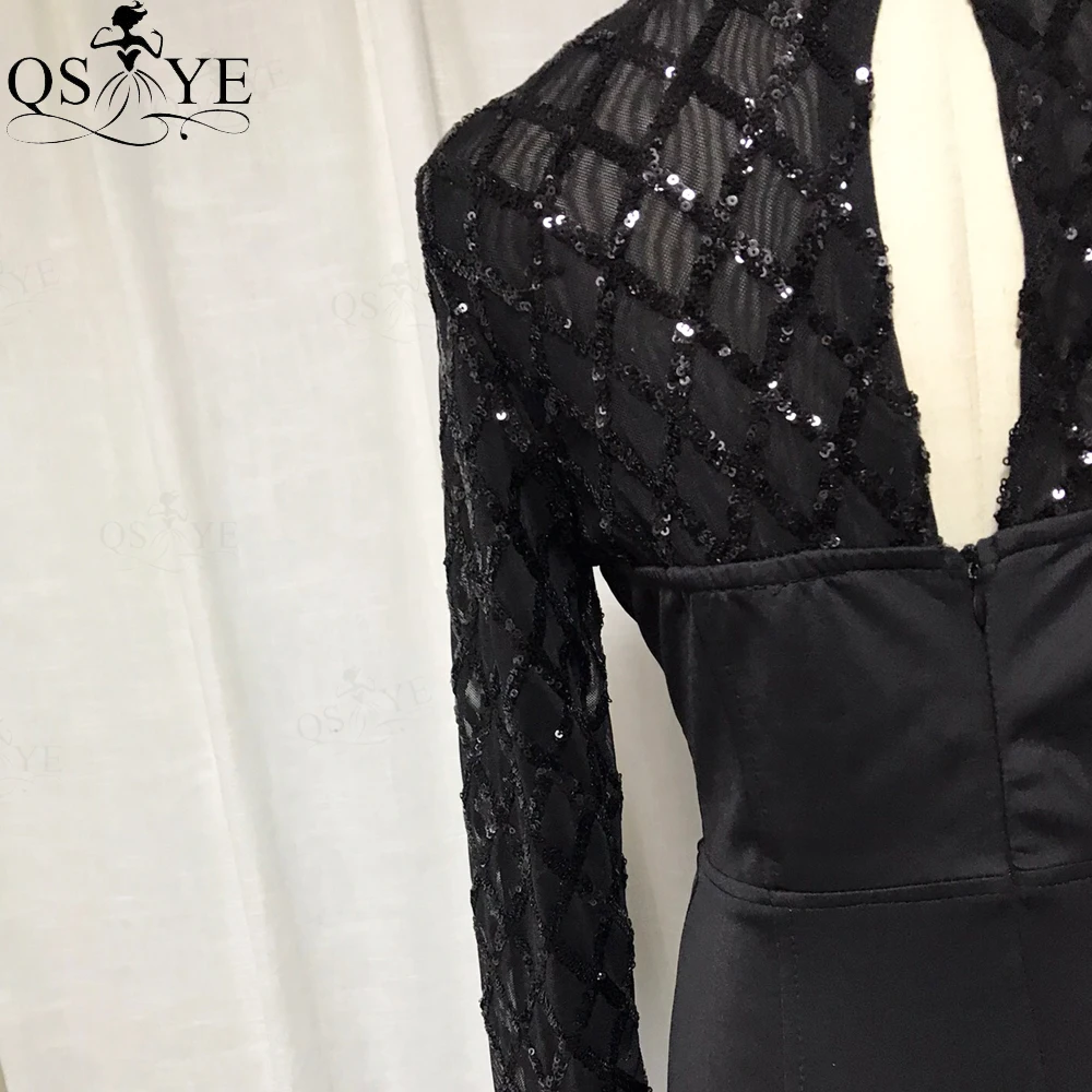 QSYYE-Vestidos de Noche de sirena negros con lentejuelas, vestido de fiesta de manga larga, cola Sexy, abertura en forma de cerradura en la espalda, Formal