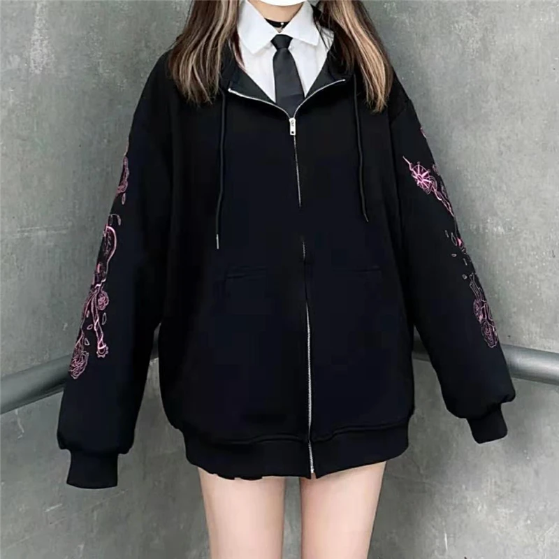 American New Fashion Oversized Sweatshirt Gothic Print Zip Hoodie Women Y2K Street Hip Hop Harajuku Vintage Casual Sports Hooded