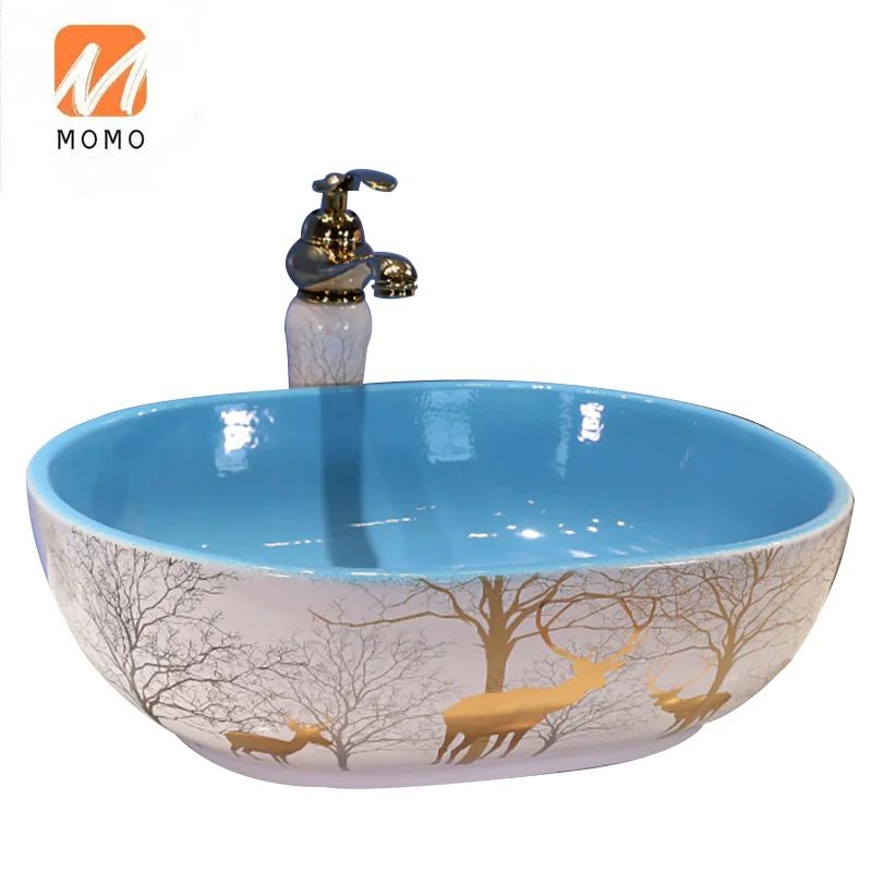 Modern Design Elk Pattern Sapphire blue Hand painted Ceramic Wash Basin Bathroom Sink