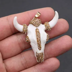 1PC White Bull Bone Pendants Cow Bull Head Skull Charms with Crystal Rhinestone Pendant for DIY Necklace Jewelry Making Gift