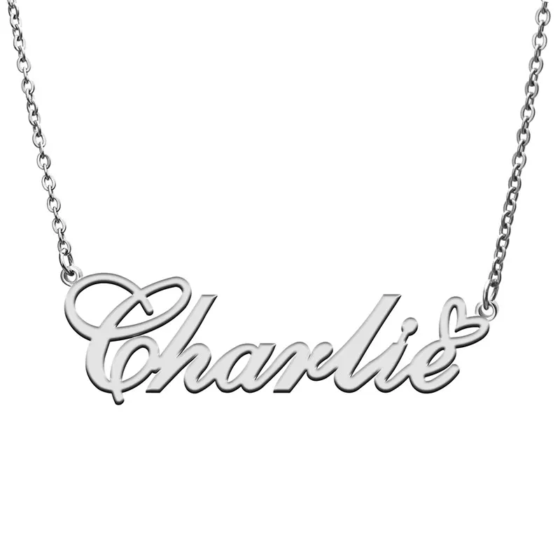 Charlie Name with Heart Necklace for Women Stainless Steel Jewelry Nameplate Pendant Femme Mother Child Girls Gift