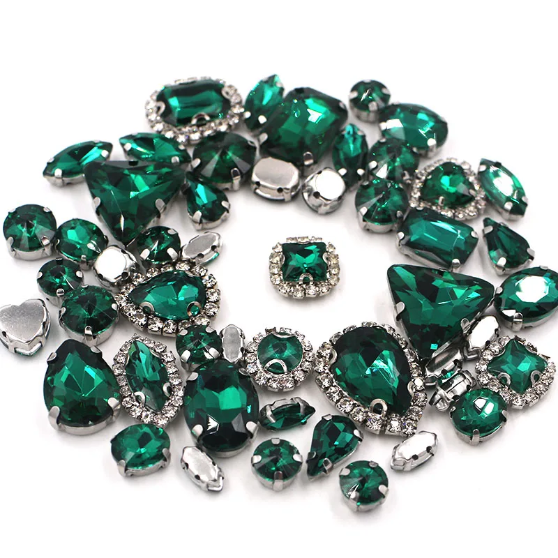 

50pcs/Bag Peacock Green Mixed Shape Sew on Glass Rhinestone Silver Claw Crystal Buckle Diy Wedding Decoration Clothes/Shoe/Dress