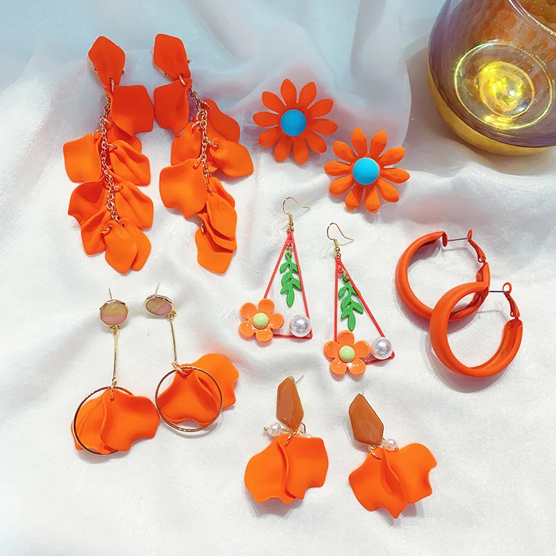 Fashion Women Bijoux Bohemia Acrylic Petal Small Flower Dangle Earrings Orange Style Drop Earring forJewelry Gifts