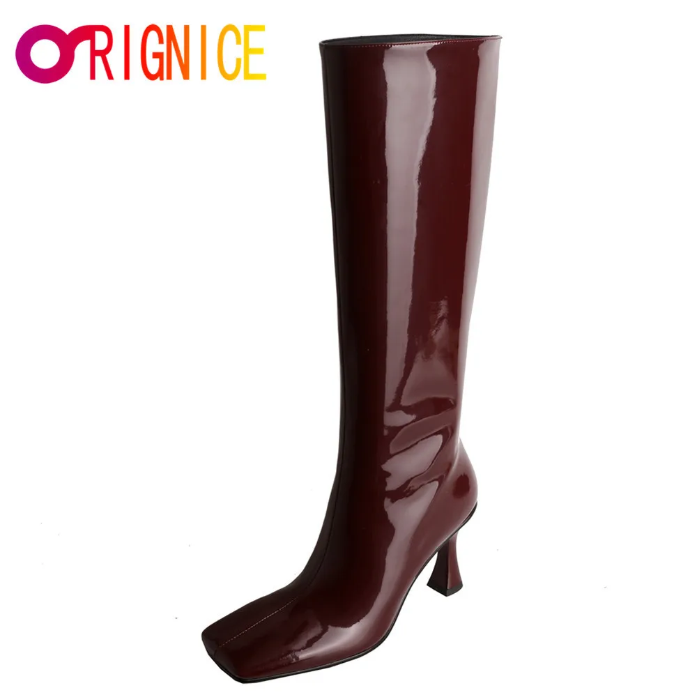 

Orignice New Patent Leather Brand Design Women Knee High Boots Fashion Square Toe Top Quality Autumn Winter Strange Heel Shoes