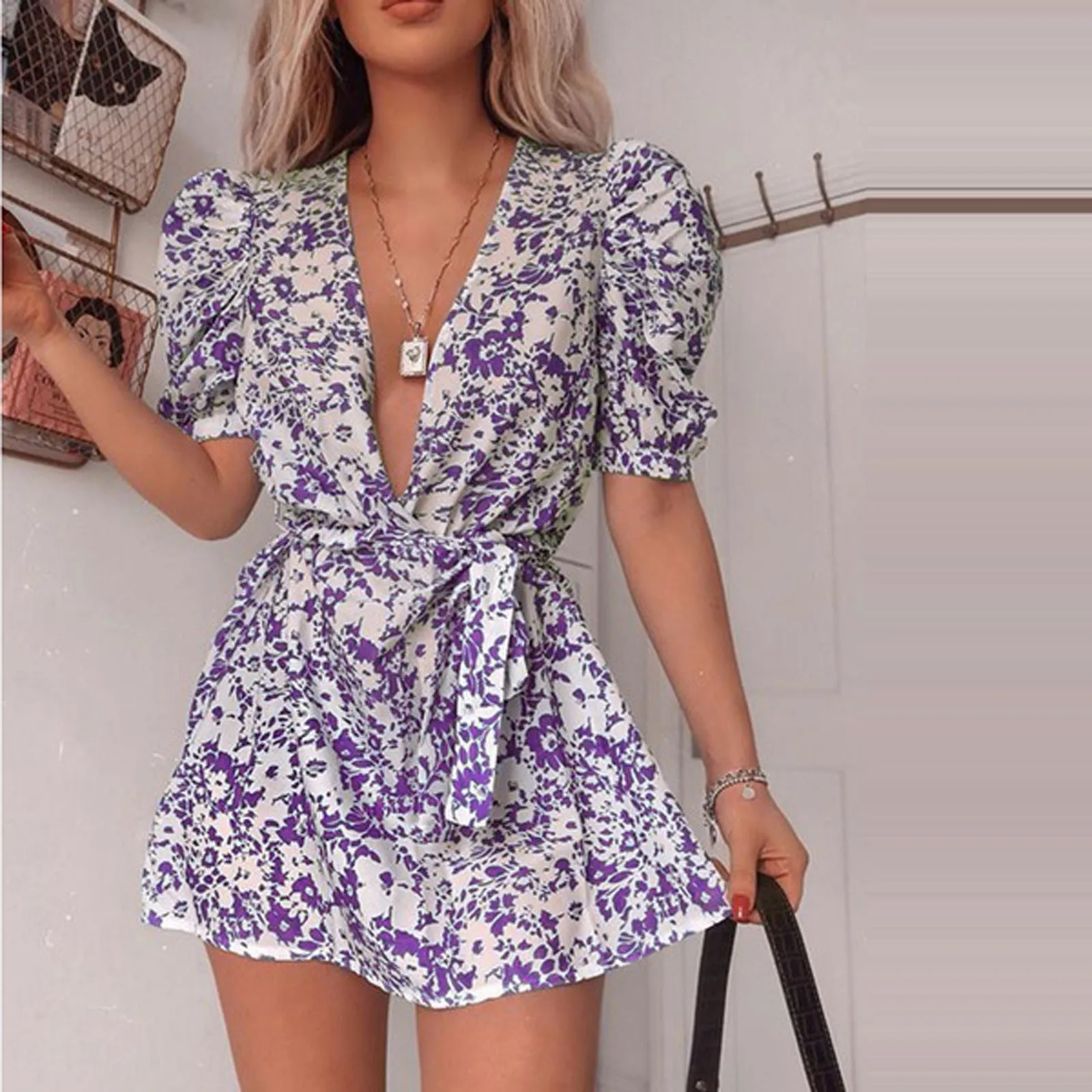 Bohemia Floral Print Dress Women Casual Puff Sleeve Sexy Deep V-neck Slim Belt Mini Dress Elegant Ruffle Beach Dress 2022 Vestid