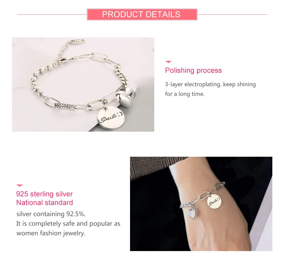 ZDADAN 925 Sterling Silber rundes Herz-Armband mit Gliederkette für Damen, Party-Schmuck, Geschenk – Detail 2