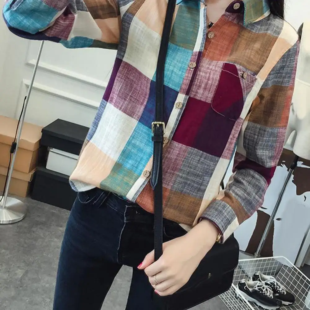 Women\'s Shirt 2021 Autumn And Winter Female Shirt Plaid Shirt Ladies Slim Long Sleeve Cotton Blouse Top Female Outerwear