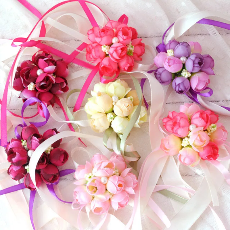 1pcs ประณีตเทียมดอกไม้พรหม Corsage ข้อมือสร้อยข้อมือดอกไม้ตกแต่งเจ้าสาวช่อดอกไม้งานแต่งงานรถ DIY ตกแต่ง