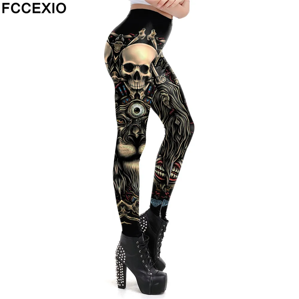 FCCEXIO Fashion Skull New Design Punk Women Legging Gothic Style Lion Retro Vintage Steampunk Leggins Ankle Pants Cosplay Leggin