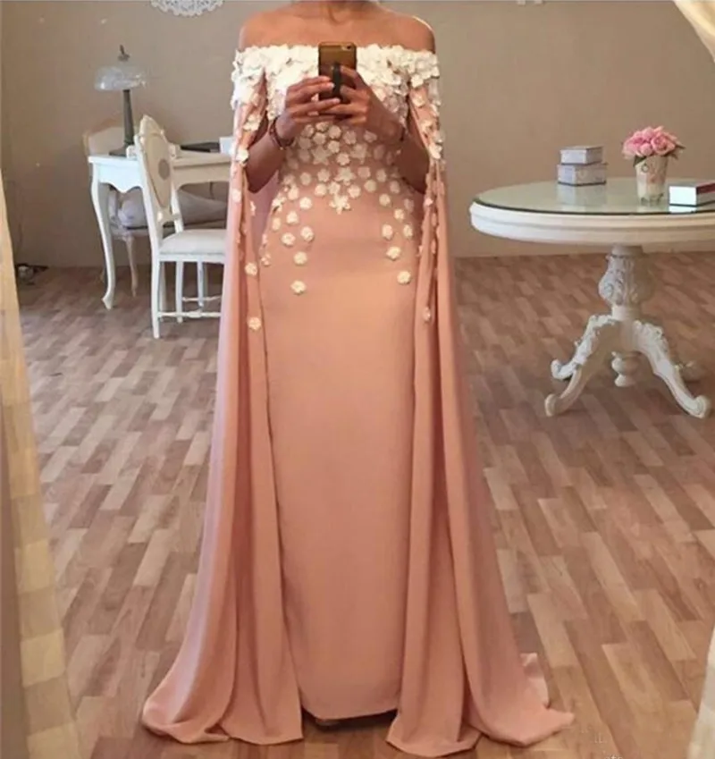 Robe de soirée longue avec Cape, caftan, col bateau, Champagne, fleurs 3D, Appliques, arabie saoudite, robe de bal