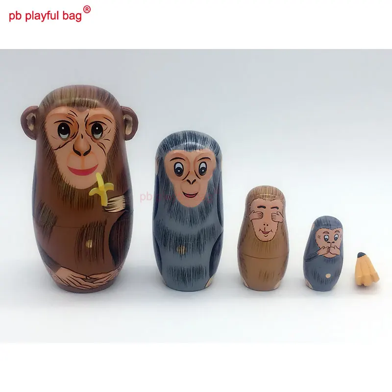 PB Spielerische tasche Fünf schicht affe essen banana Russische puppen handwerk handgemachte holz spielzeug set geburtstag präsentieren HG14