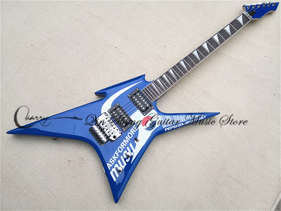 

Blue guitar, irregular shaped guitar, Tremolo bridge, HH pickups, solid wood body with patterns, maple neck
