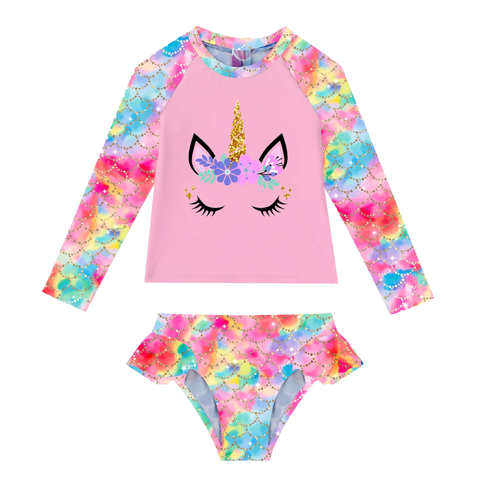 TiaoBug 2Pcs Kinder Mädchen Fisch Waagen Druck Schwimmen Anzug Rundhals Langen Ärmeln Cartoon Pferd Drucken Tops Und Briefs set Bademode