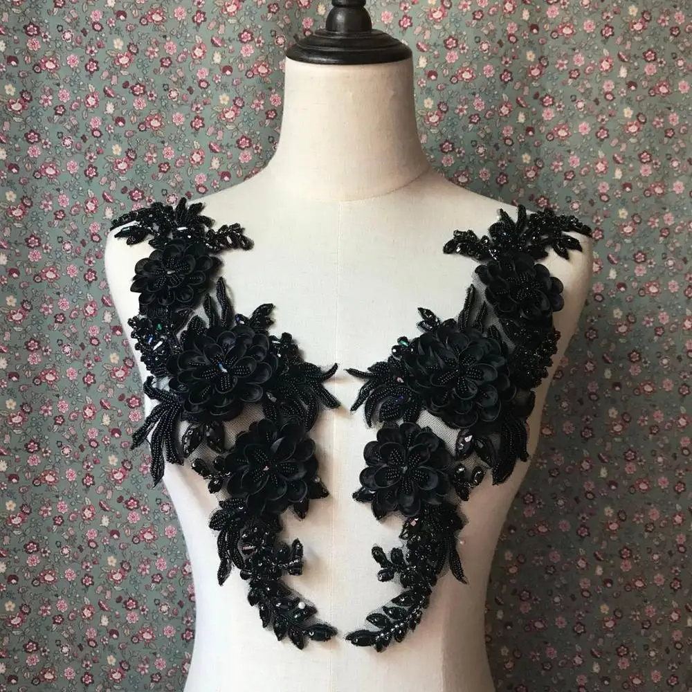 stock  1piece/bag   Black high - end beaded 3d beaded dress chest decoration for wedding evening dress design    KC54#