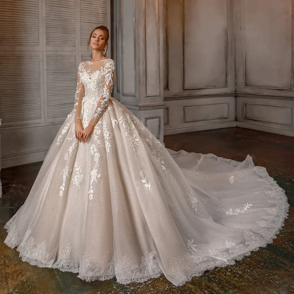 Trouwjurk Long Sleeve Ball Gown Wedding Dress O-Neck Princess Hochzeitskleid Illusion Back Luxury Robes De Mariage Bride Dresses