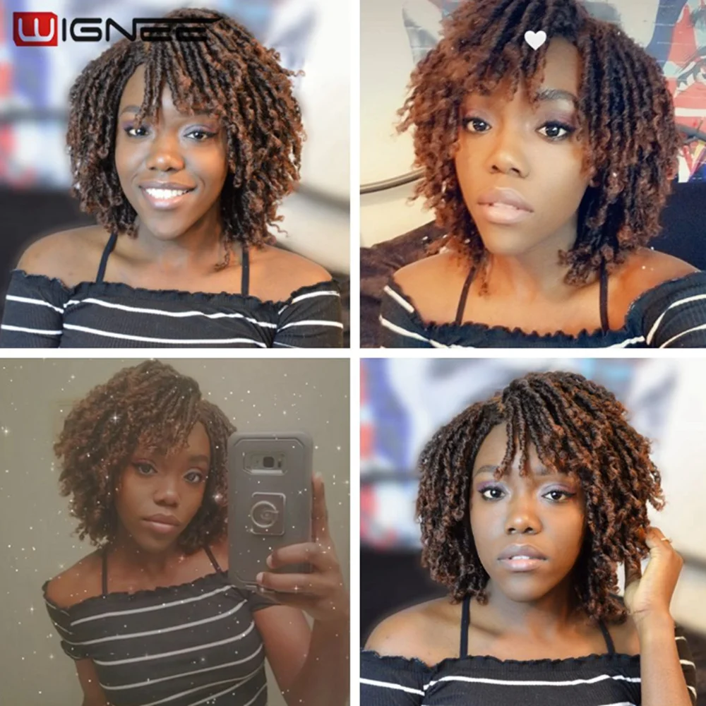 Wignee Short Soft Brown Synthetic Wigs For Women Faux locs Afro Kinky Curly Braiding Hair With Bangs Crochet Twist Hair Wigs