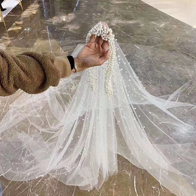 JaneVini 2020 Elegante Elfenbein Braut Schleier Eine Schicht Kathedrale Lange Hochzeit Schleier mit Perlen perlen Tüll Hochzeit Haar Zubehör