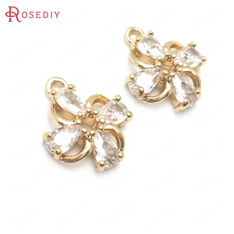 (C561)6 pieces 14x12mm High Quality Champagne Gold Color Brass + Zircon Flowers Charms Pendants Jewelry Findings Accessories