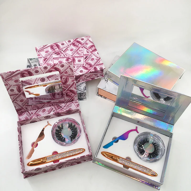 New Magnetic Mirror Box with Black Eyeliner Pen Lash Tweezers Dramatic 3D Mink Eyelashes Set