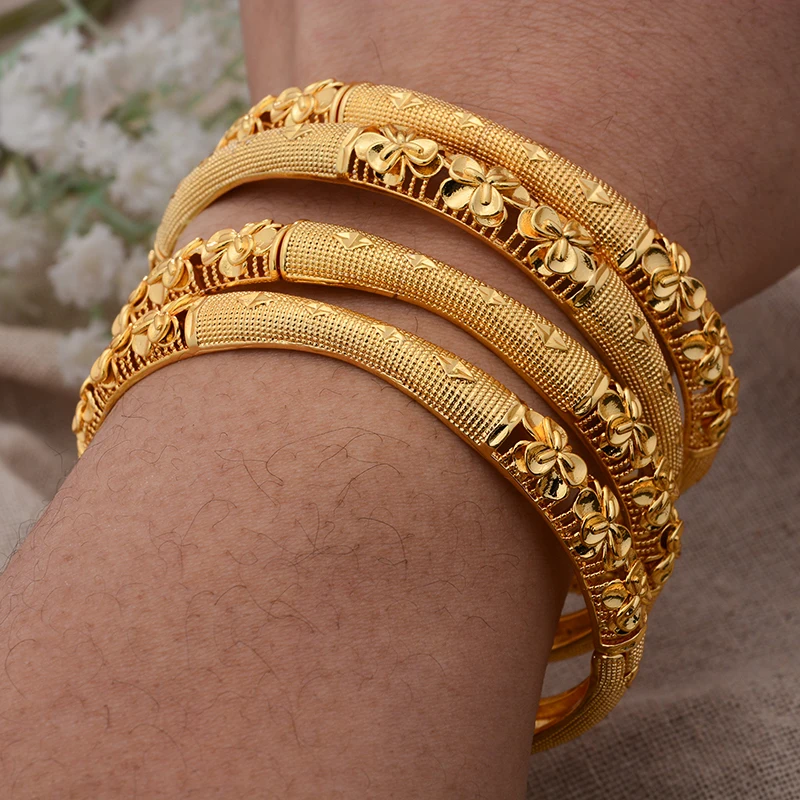 

4Pcs/lot Dubai Gold Color Bangles For Women African France Wedding Party 24K Jewelery Ethiopia Bridal Gifts