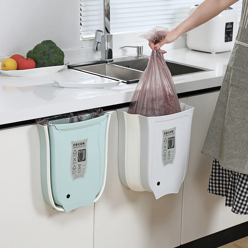 Wall Mounted Foldable Waste Bin Kitchen Cabinet Door Hanging Trash Bin Bathroom Folding Garbage Can Waste Storage Bucket