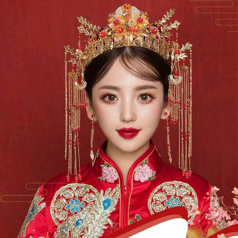 Retro Chinese Headdress Crown Headband Catwalk Stage Wedding Hair Accessories Pearls Beaded Tassel Tiaras Earring Hair Jewelry