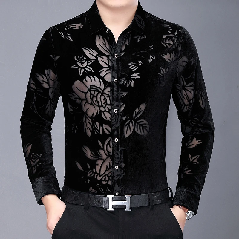 Ropa Sexy hueca para hombre, camisas transparentes de flores, camisas de vestir de terciopelo de seda transparente de manga larga, primavera 2024