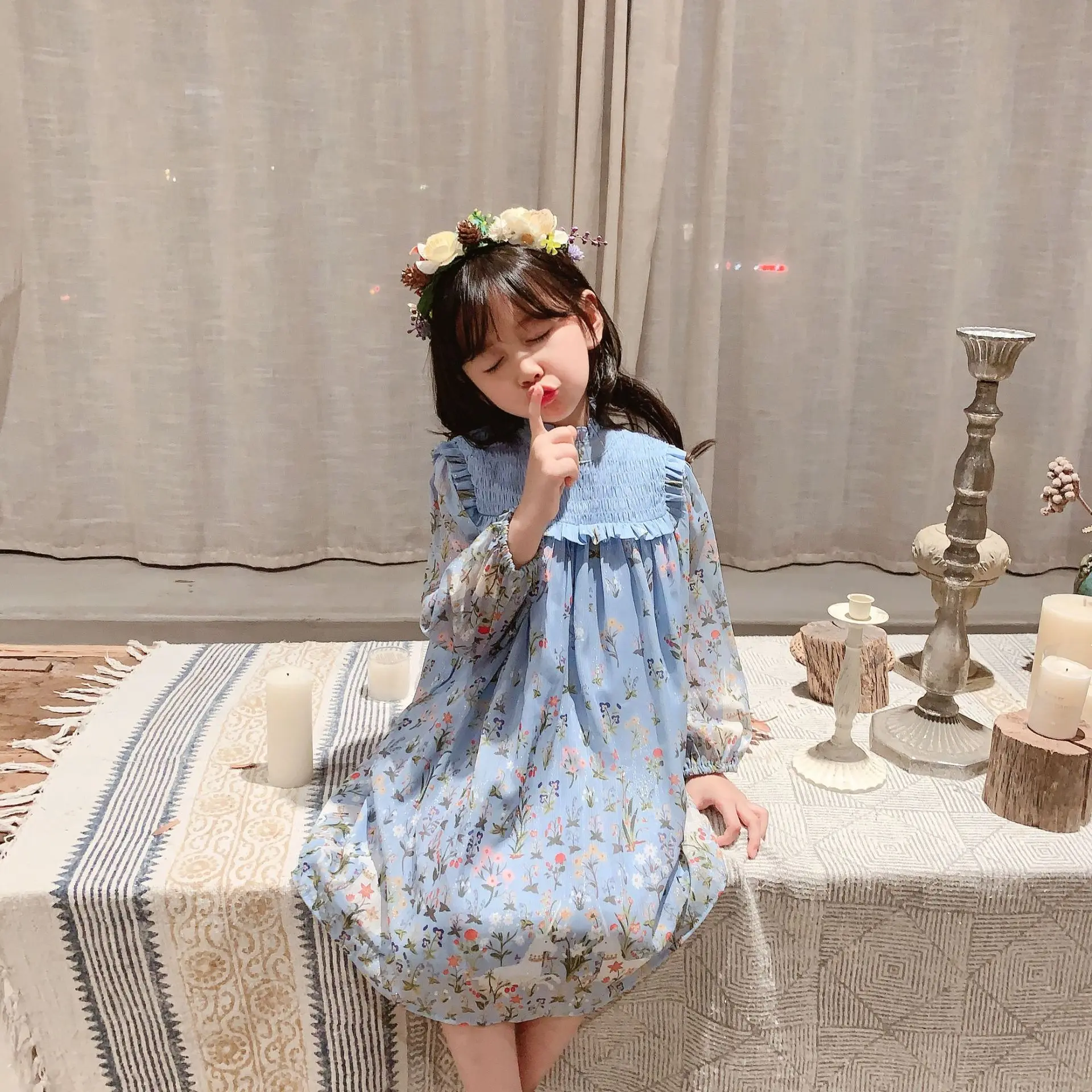 2024 spring summer new princess dress kids girl blue floral print sweet dresses little girls long sleeve elegant dresses