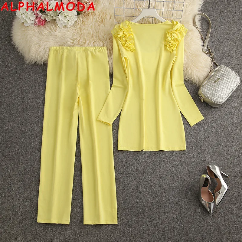 

ALPHALMODA 2021 Autumn New Arrived Ruffled Shoulder Long-sleeved Long Tshirts + Pants Women Sweet Solid Loungewear Suits