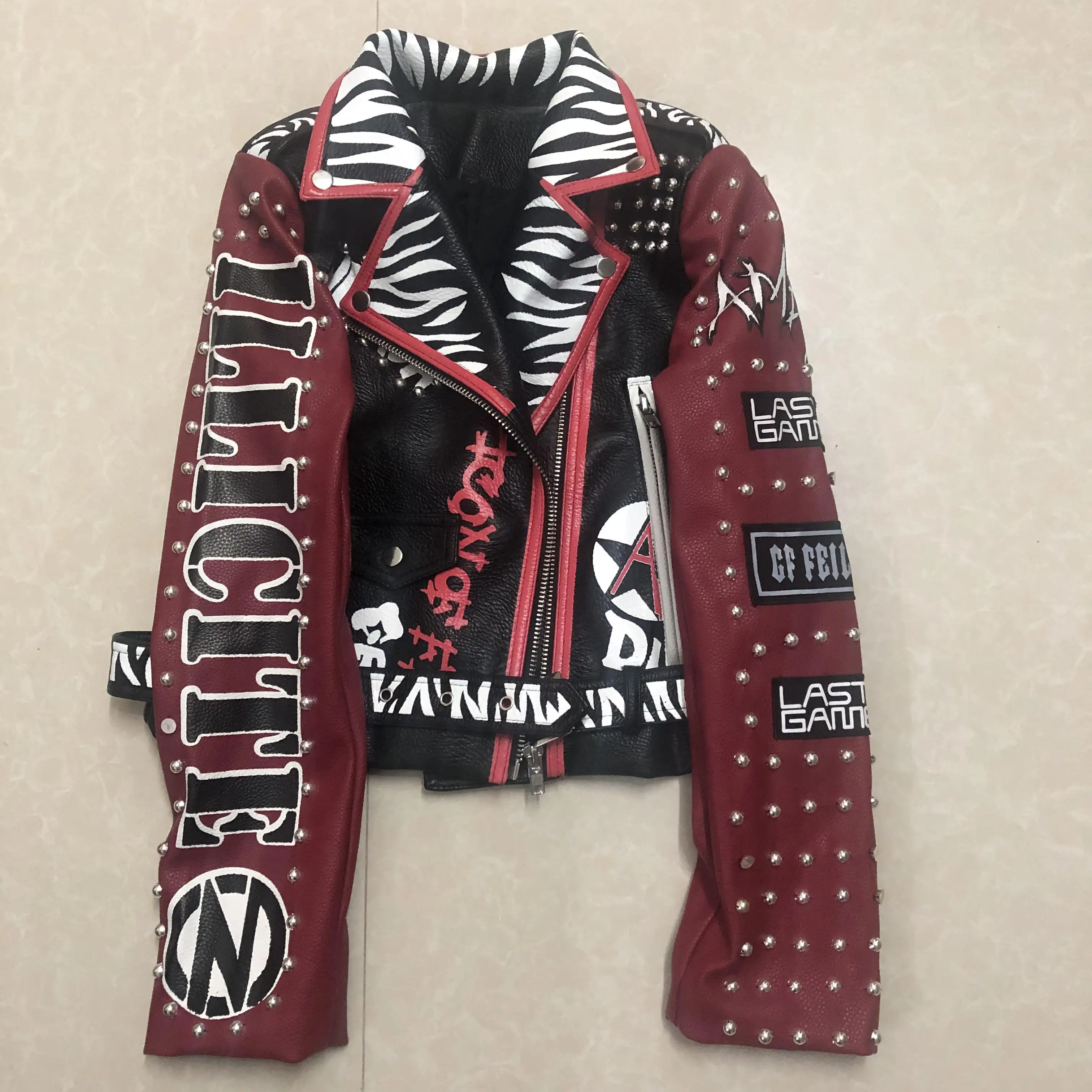 3D Graffiti soft pu leather jackets female cartoon character printed Jacket rivet beading Punk Rock Cropped leather Outerwear